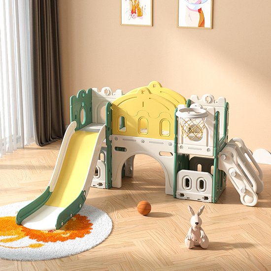 Glijbanen 6-in-1 kinder, binnen buitengebruik, met glijbaan, tunnel, trap, basketbalring, loopbrugplatform, opbergruimte, geschikt voor kinderen 1-6 jaar - Geel
