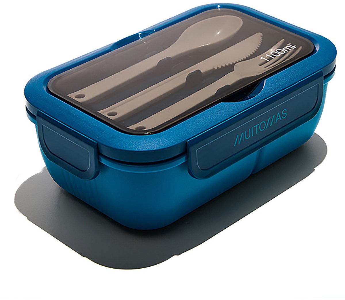 Muitomas Lunchtrommel - 1,1 Liter – 3 compartimenten – Magnetron & vaatwasser bestendig - Inclusief bestek - Blauw