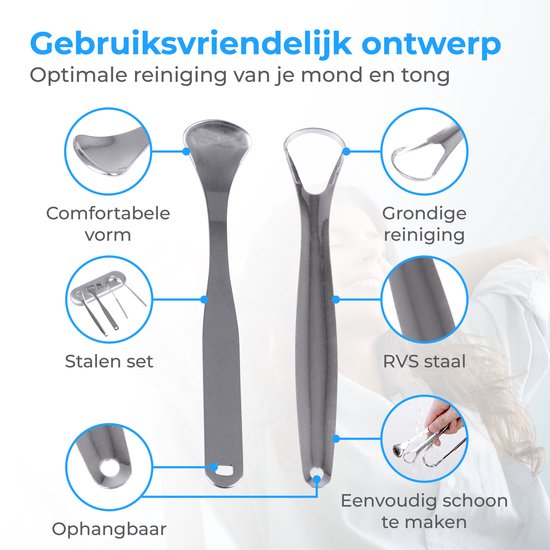 Nuvance Professionele Tongschraper - 3 in 1 Set - voor Mondverzorging - Tongreiniger - Tong Schraper - Tongue Scraper - RVS
