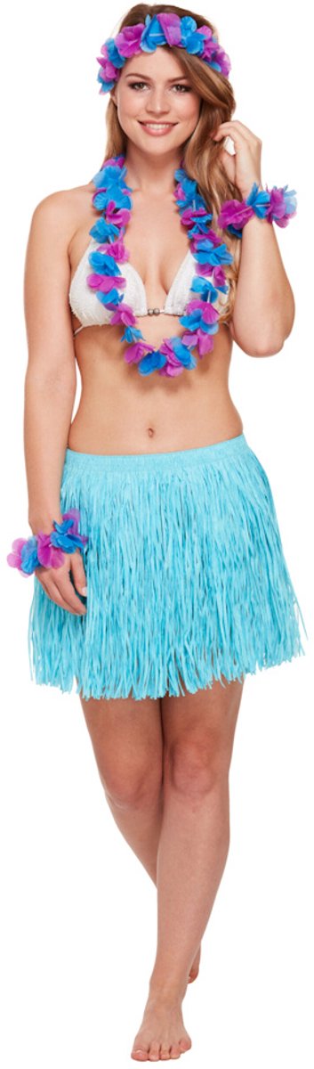 Henbrandt - 5-DELIGE VOLWASSENEN HAWAI SET - Bestaande uit: Hawai Rokje / Hawaïkrans / 2x Hawaii Armbanden - 1x Hawaii Hoofdband - Hawaii kostuum - Carnavalskleding - Verkleedkleding - Strandfeest - Vrouw - Maat: ONE SIZE FITTS ALL - Kleur: Blauw