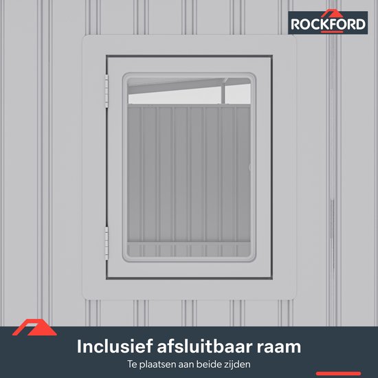 Rockford Porto 200 metalen tuinhuis met lessenaarsdak - Tuinschuur met centraal slot, polycarbonaat ramen en regenpijpen - 232 x 254 cm - Lichtgrijs
