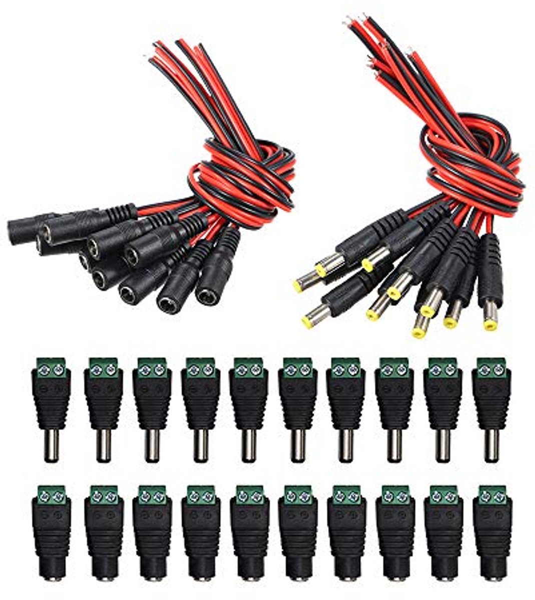 20 Paar DC Power Pigtail-kabels voor Beveiligingscamera's en Feestverlichting - 18AWG Koperdraad, 12V 5A Connectors
