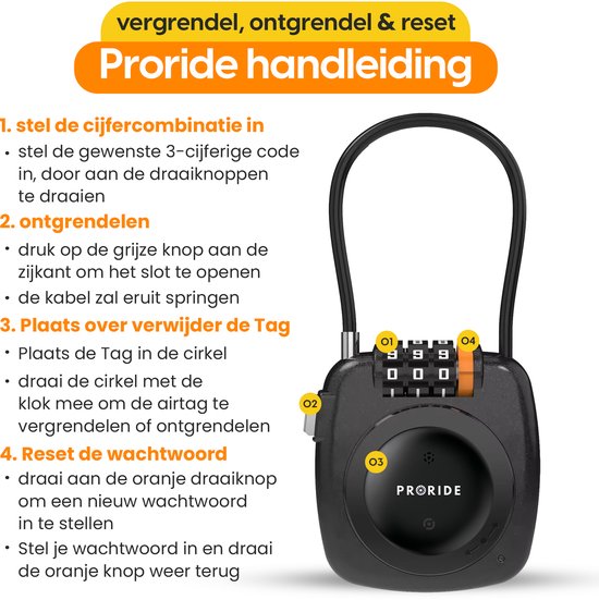 Cadenas noir PRORIDE avec des instructions pour régler la combinaison, déverrouiller et réinitialiser.