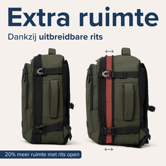 Olijfgroene rugzak, links gesloten, rechts met oranje band en rits open voor extra ruimte.