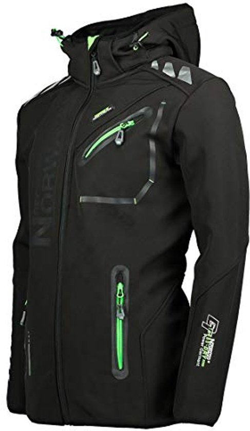 Zwarte softshell jas, detail van de zij-aanzicht met groene ritsen en opdruk op de mouw.
