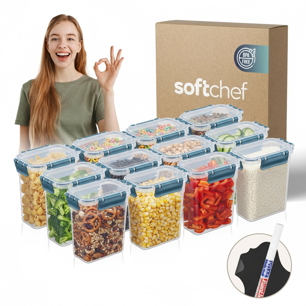 Soft Chef Slim Clara Deep Box – 12-delige Voedselbewaarset (12×1100 ml) – Transparant met blauwe klikdeksels & silicone ring – BPA-vrij – Luchtdicht & Stapelbaar – Inclusief Labels & Stift