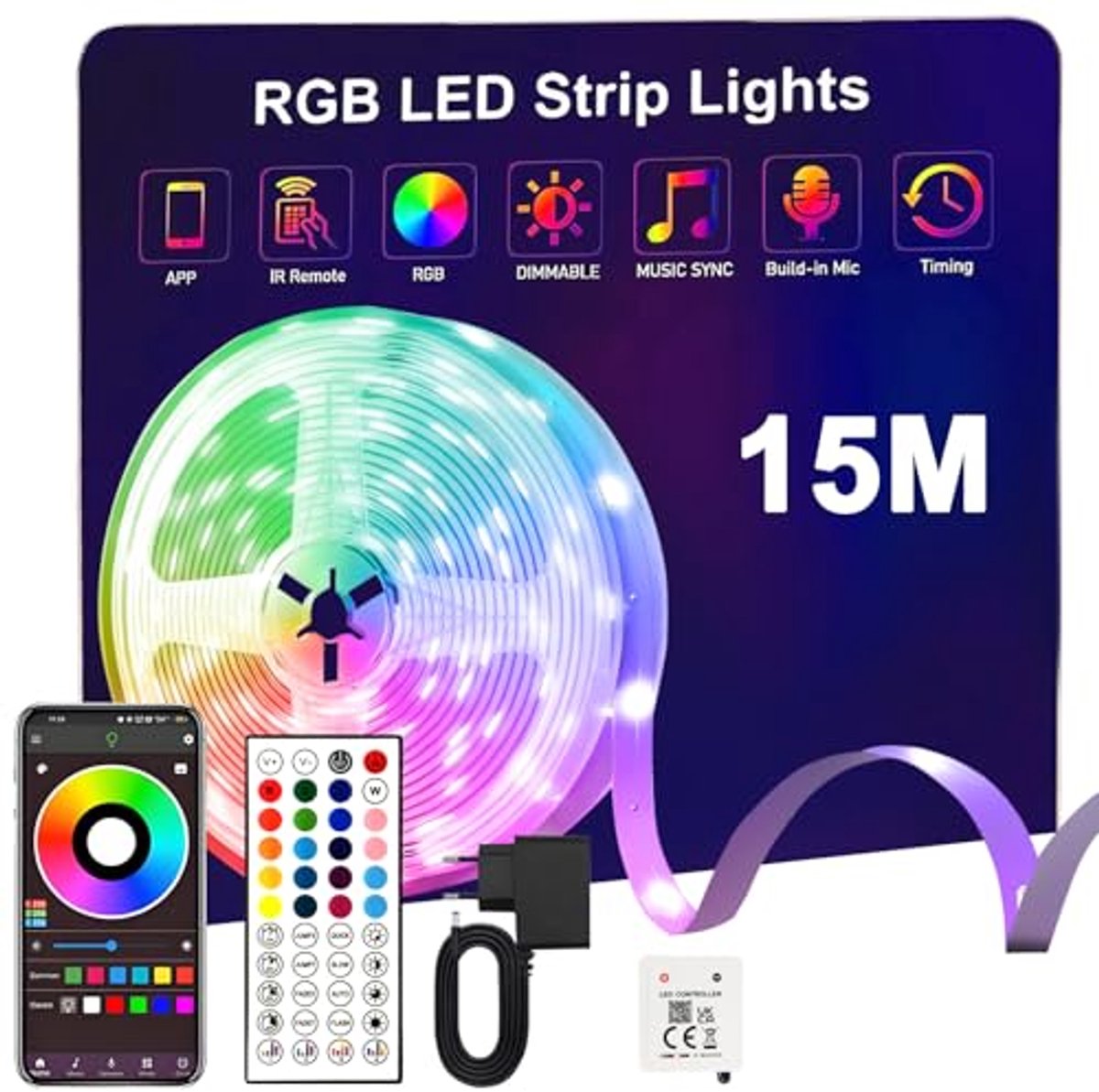 15 m RGB Ledstrip met Bluetooth-app en Afstandsbediening voor Decoratie