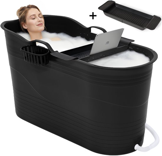 Bath Bucket XL - Zwart - 123 cm - Zitbad voor volwassenen - IJsbad - met rekbare Afvoerslang tot 3 meter - Met Badplank