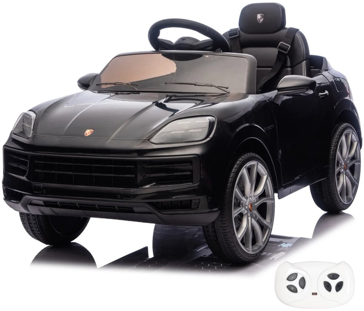 Porsche Cayenne 12V Elektrische Kinderauto 1 tot 5 jaar – Officieel Gelicentieerd met Vernieuwde Li-ion Accu – Luxe SUV met Lederen Zitje, Bluetooth & EVA-Banden – Zwart