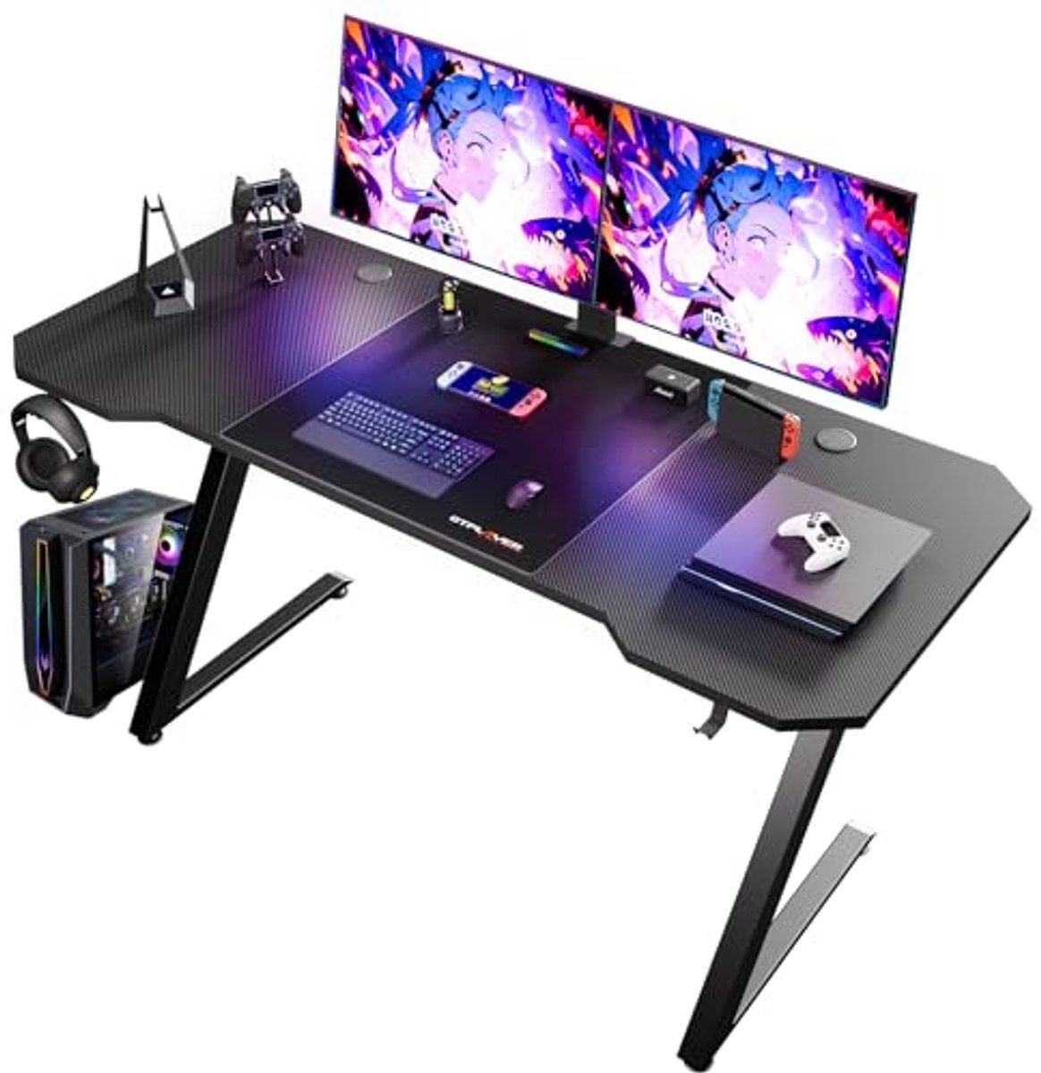 Gamingtafel en bureau 120 x 60 cm met koolstofvezeloppervlak en hoofdtelefoonhaak, zwart