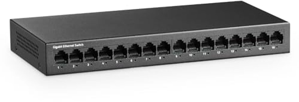 Gigabit Ethernet-switch 16 poorten - Ventilatorloze metalen rackmontage - Onbeheerde Plug and Play Netwerkswitch