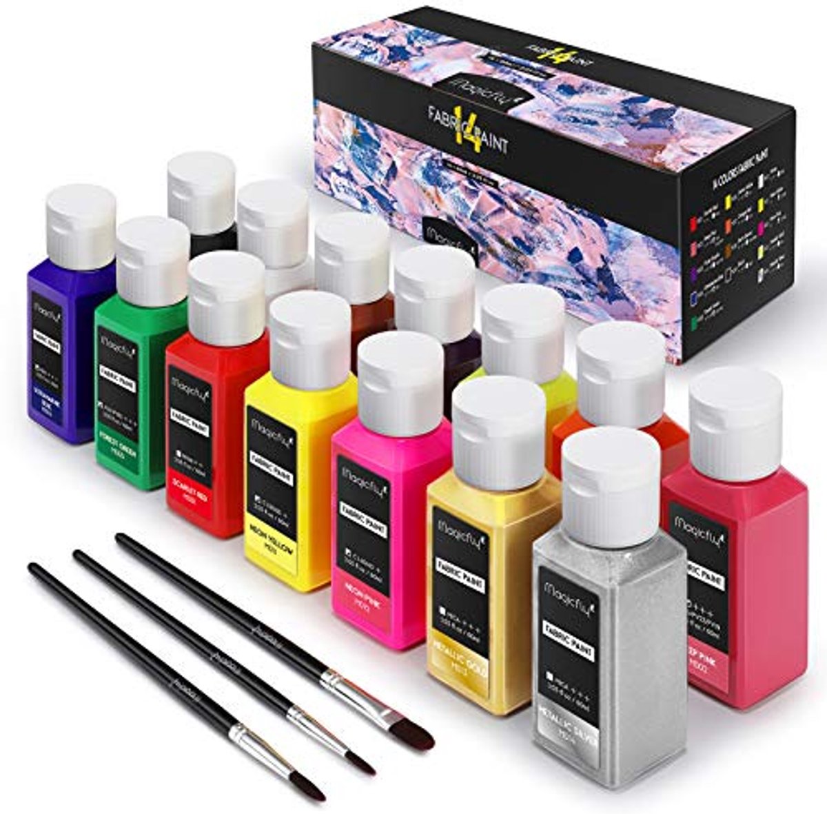 Dekkende Textielverf Set - 14 Kleuren, 60 ml met 3 Borstels - Permanent en Wasbaar