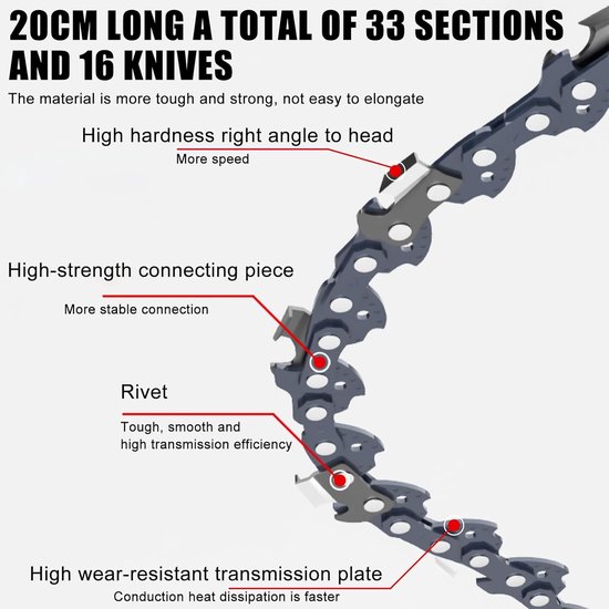 Zaagkettingen 20 cm 3/8 inch 1,1 mm 33 TG, compatibel met Einhell FORTEXXA 18/20 TH & GC-LC 18/20 Li T, lage terugslag, compatibel met Worx WG349E.9 — afbeelding 5