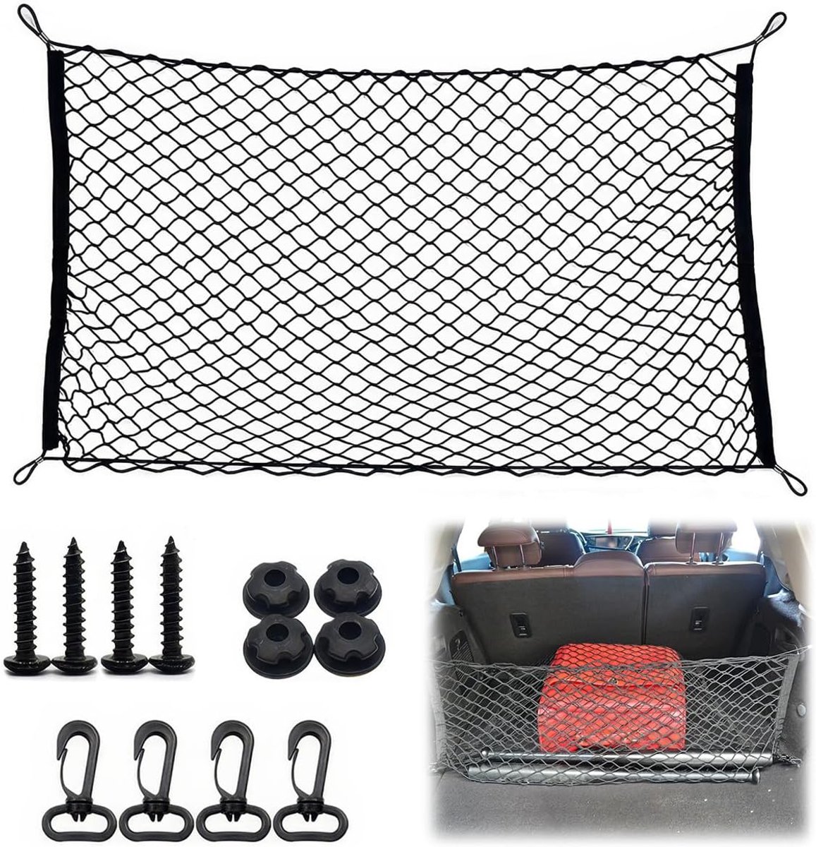 Image of 110 x 60cm Luggage Net - Beschermnet - Elastisch Trunk Net - Opslagnet - Zwart Nylon - Auto Tension Net met Haken - Voor Auto's, SUV's, Trucks