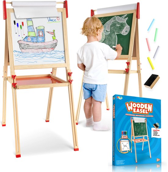 Tekenbord voor Kinderen 3-in-1 Tekenbord Magnetisch - Krijtbord Kinderen, Whiteboard & Papierenrol - Inclusief Whiteboard markers, Gekleurde Krijtjes, Wisser - Schildersezel voor Kinderen - In hoogte verstelbaar - Joya Creative