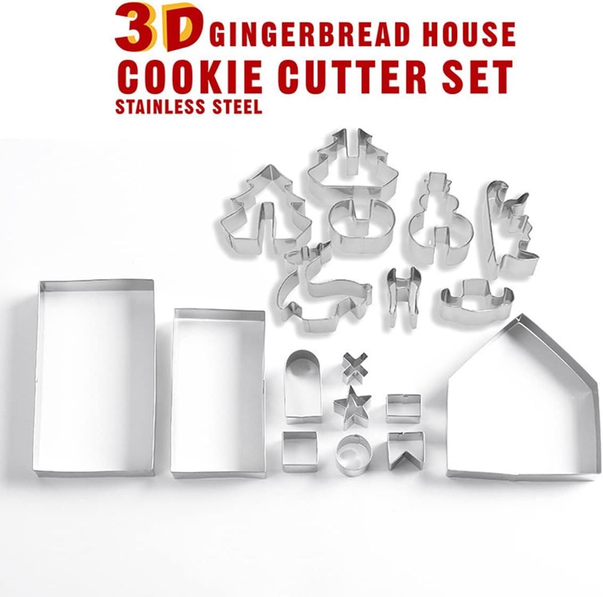 Sander Shop 18 stuks 3D-kerstuitsteekvormen, koekjessnijders voor Kerstmis, peperkoekhuis, huisvorm, inclusief kerstboom, sneeuwpop (kerst-1)
