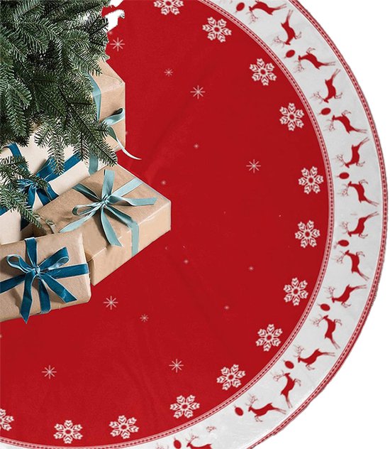 Kerstboomrok, 90 cm, rustieke rode kerstboomrok met sneeuwvlokmotief, feestelijke kerstdecoratie