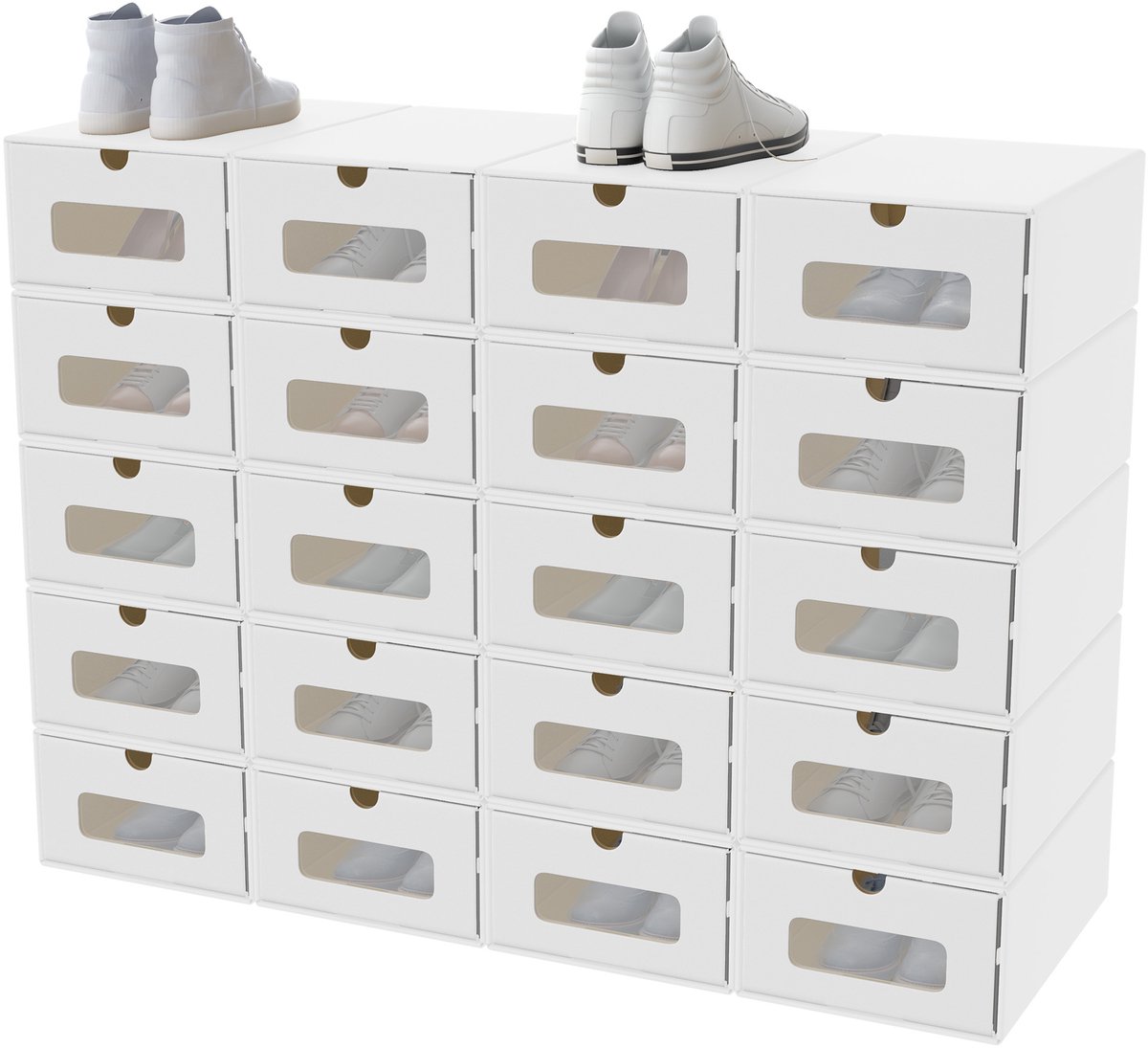 Aufun 20 stapelbare schoenendozen van kraftpapier met deksel en transparant venster, praktische schoenenopbergdoos 35x24x14cm, opbergruimte-organizer voor schoenen, wit