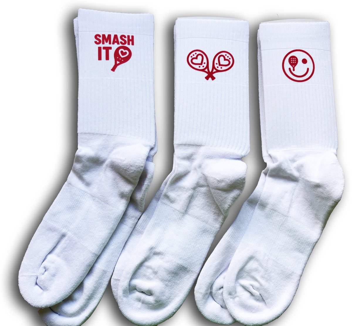 Padelsokken SET - 3 paar witte sokken – Smile Design – Origineel cadeau voor padelfan - maat 37-41 of maat 42-46