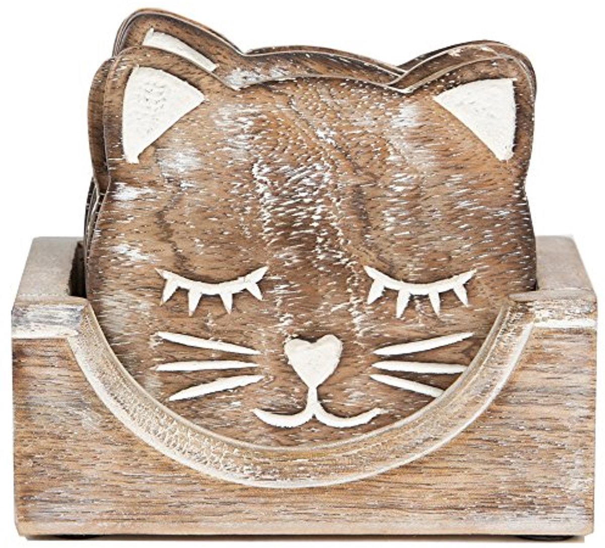 Houten Katten Onderzetters - Set van 6 in Opbergdoos