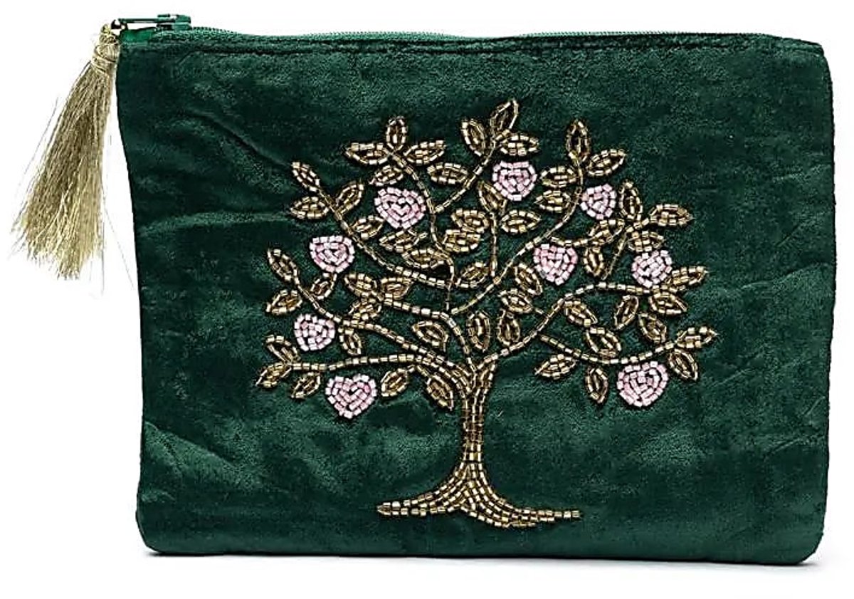 Etui fluweel groen met Levensboom en harten - 20 cm x 15 cm