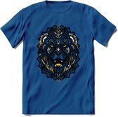 Leeuw - Dieren Mandala T-Shirt | Geel | Grappig Verjaardag Zentangle Dierenkop Cadeau Shirt | Dames - Heren - Unisex | Wildlife Tshirt Kleding Kado | - Donker Blauw - XXL