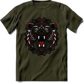 Beer - Dieren Mandala T-Shirt | Rood | Grappig Verjaardag Zentangle Dierenkop Cadeau Shirt | Dames - Heren - Unisex | Wildlife Tshirt Kleding Kado | - Leger Groen - XXL