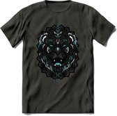 Leeuw - Dieren Mandala T-Shirt | Lichtblauw | Grappig Verjaardag Zentangle Dierenkop Cadeau Shirt | Dames - Heren - Unisex | Wildlife Tshirt Kleding Kado | - Donker Grijs - 3XL