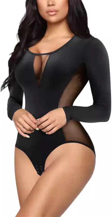 Dames V-shaper bodysuit met lange mouwen - Zachte rekbare stof - Zwarte kleur L