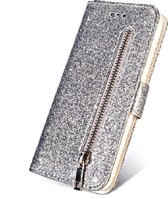 LuxeBass Hoesje geschikt voor Samsung Galaxy S21 Glitter Bookcase met rits - hoesje - portemonneehoesje - Zilver - telefoonhoes - gsm hoes - telefoonhoesjes