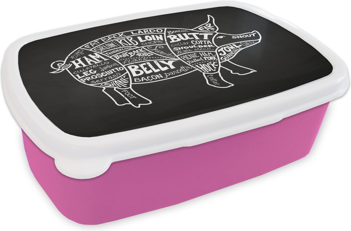 Broodtrommel Roze - Lunchbox - Brooddoos - Varken - Slager - Vlees - 18x12x6 cm - Kinderen - Meisje