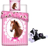 Paarden dekbedovertrek- 140 x 200 cm- Polyester- roze - bruin paard- 1persoons, incl. Pluche Paardje 25 cm zwart-paars