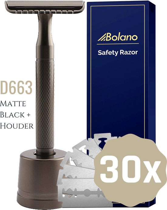 Bolano® Safety Razor Set Mat Zwart + 30 Double Edge Scheermesjes + Houder