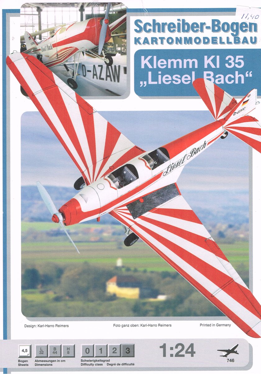 bouwplaat / modelbouw in karton Vliegtuig Klemm KL 35, schaal 1;24