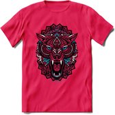 Wolf - Dieren Mandala T-Shirt | Blauw | Grappig Verjaardag Zentangle Dierenkop Cadeau Shirt | Dames - Heren - Unisex | Wildlife Tshirt Kleding Kado | - Roze - XL