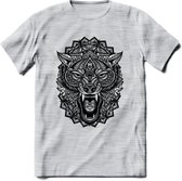 Wolf - Dieren Mandala T-Shirt | Grijs | Grappig Verjaardag Zentangle Dierenkop Cadeau Shirt | Dames - Heren - Unisex | Wildlife Tshirt Kleding Kado | - Licht Grijs - Gemaleerd - XX