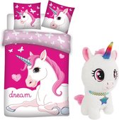 Dekbedovertrek Unicorn- roze- 1 persoons- Polyester- dekbed meisjes- 140x200 cm,  incl. pluche Unicorn knuffel.