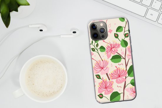 Coque iPhone 12 Pro Max - Bloem - Rose - Feuille - Motif - Coque de téléphone en Siliconen