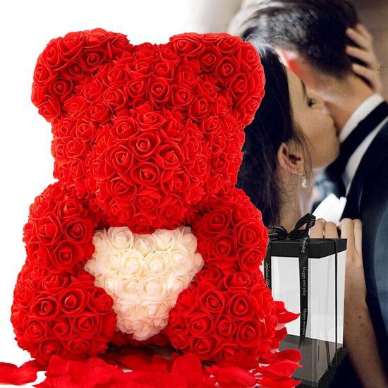 Teddy Beer - Rozen| Roos | Bloemen |Valentijn | Valentijnsdag | Valentijn cadeau |Liefde | Verkering |Rood met Wit | 40CM | Babyshower | Baby | Geboorte | Meisje | Inclusief Giftbox