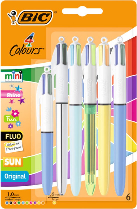BIC 4 kleuren balpennen - diverse inktkleuren en formaten - medium punt (1 mm) - pak van 6