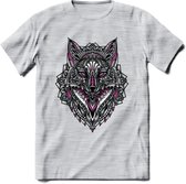 Vos - Dieren Mandala T-Shirt | Roze | Grappig Verjaardag Zentangle Dierenkop Cadeau Shirt | Dames - Heren - Unisex | Wildlife Tshirt Kleding Kado | - Licht Grijs - Gemaleerd - XXL