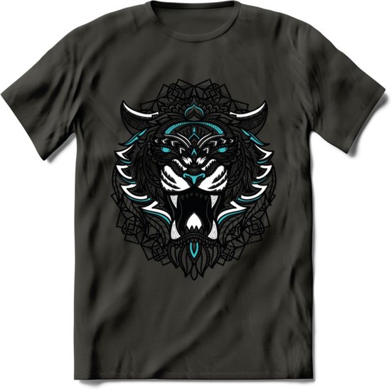 Tijger - Dieren Mandala T-Shirt | Lichtblauw | Grappig Verjaardag Zentangle Dierenkop Cadeau Shirt | Dames - Heren - Unisex | Wildlife Tshirt Kleding Kado | - Donker Grijs - S