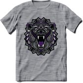 Beer - Dieren Mandala T-Shirt | Paars | Grappig Verjaardag Zentangle Dierenkop Cadeau Shirt | Dames - Heren - Unisex | Wildlife Tshirt Kleding Kado | - Donker Grijs - Gemaleerd - 3XL