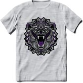 Beer - Dieren Mandala T-Shirt | Paars | Grappig Verjaardag Zentangle Dierenkop Cadeau Shirt | Dames - Heren - Unisex | Wildlife Tshirt Kleding Kado | - Licht Grijs - Gemaleerd - XX