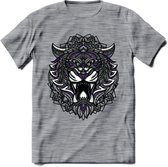 Tijger - Dieren Mandala T-Shirt | Paars | Grappig Verjaardag Zentangle Dierenkop Cadeau Shirt | Dames - Heren - Unisex | Wildlife Tshirt Kleding Kado | - Donker Grijs - Gemaleerd -