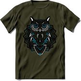 Uil - Dieren Mandala T-Shirt | Blauw | Grappig Verjaardag Zentangle Dierenkop Cadeau Shirt | Dames - Heren - Unisex | Wildlife Tshirt Kleding Kado | - Leger Groen - S