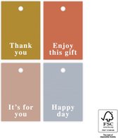 Label Kaartje - Kadolabel – Taupe / Blauw / Oranje / Groen | Teksten - Thank you / Enjoy this gift / It's for you / Happy day - HOP | Karton incl. boorgaatje | Cadeau - Gift Tag - Leuk verpakt| Geschenk - Tag