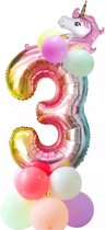 Cijfer Ballon- Unicorn- Verjaardagset- 3 jaar- Eenhoorn- Ballonnen Pakket- 14-delig