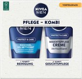 NIVEA MEN Face Duo Pack, gezichtsverzorgingsset met Nivea Men Protect & Care wasgel (100 ml) en Nivea Men Protect & Care gezichtsverzorging crème (75 ml), verzorgingsset voor mannen - Valenti