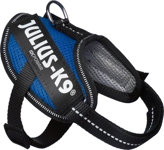 Blauw Julius-K9 IDC®Powair hondentuig, de binnenkant is grijs mesh. Zwarte banden met reflecterende strepen.